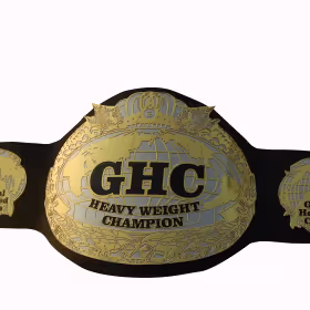 High-quality GHC Heavyweight Championship replica belt with gold and nickel-plated brass plates and a genuine leather strap.