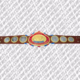 Replica NJPW World Heavyweight Championship belt with gold-plated brass plates and leather strap