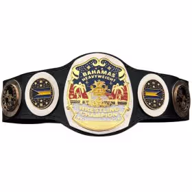 NWA Bahamas Bahamian Heavyweight Championship belt with gold-plated brass plates and leather strap