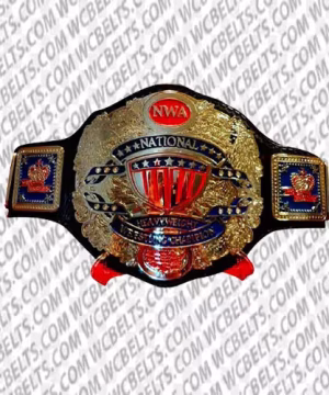 NWA Wrestling National Heavyweight Title Champion Belt with gold-plated brass plates and leather strap
