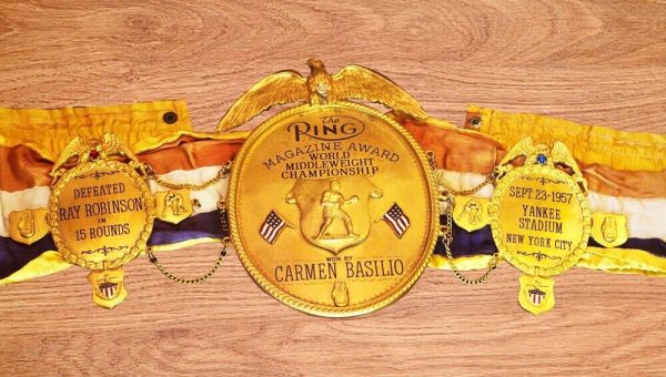 Carmen Basilio World Middleweight Boxing Championship Ring Magazine Belt 3D CNC Holding this Title will make you feel like a true Champion! Brass Plates Gold Plating Satin Fabric Strap Buckle Closure Additional Information: All items are shipped as gift parcels and if there are any charges, duties or taxes apply on the customs of any country, the buyer will have to pay those charges to get his parcel. Which are not too much.